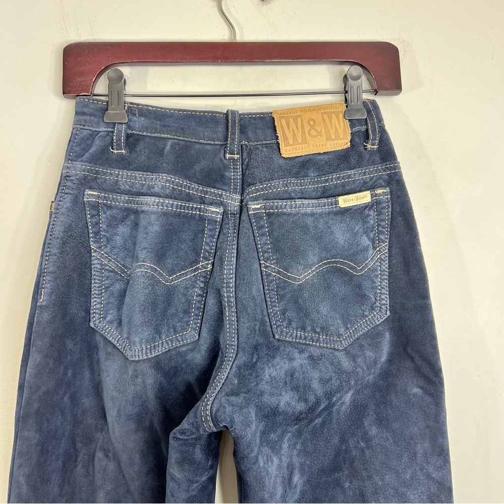 Vintage 80s 90s Wash & Wear genuine suede dark blue high rise slim fit pants 24 - Picture 7 of 15